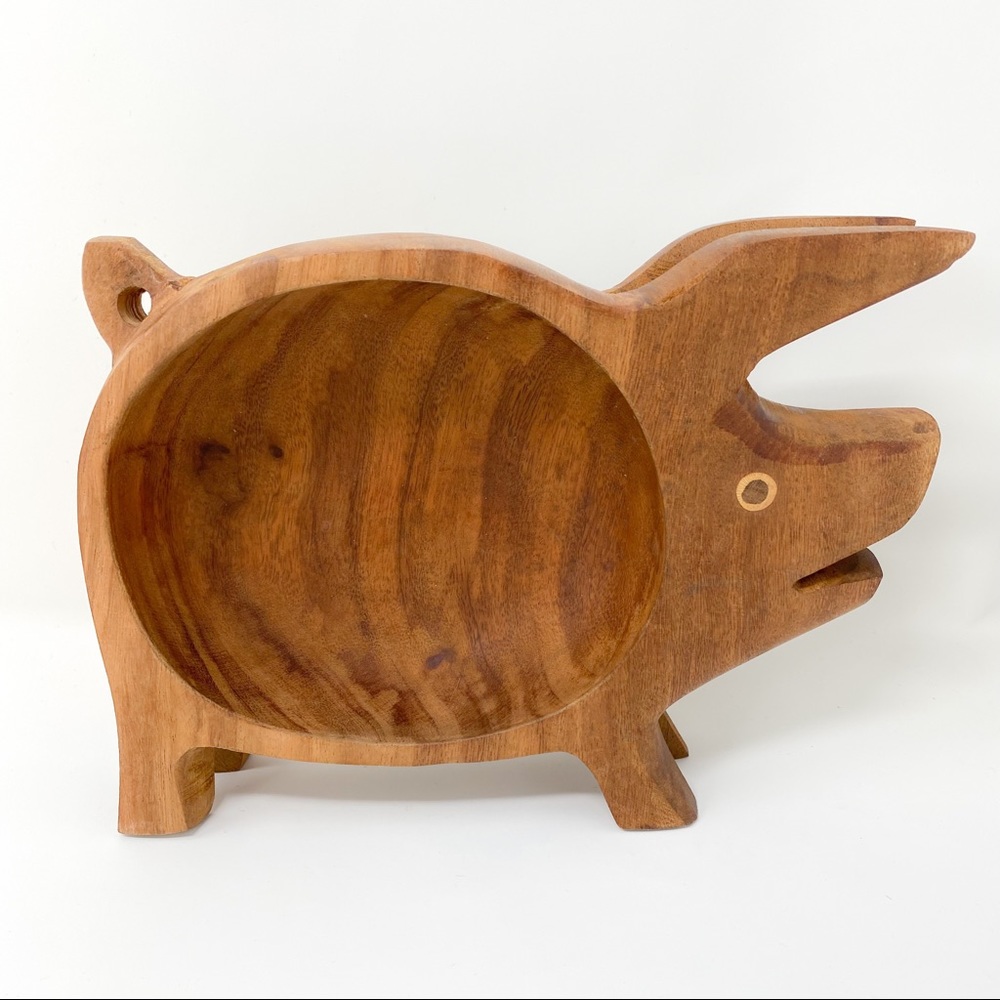 Hand carved wooden pig bowl